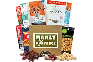 GOODLAND FARMS Manly Munch Box Jerky Gift Box, Curated Assortment of High Protein Snacks, Beef & Turkey Jerky Variety Pack Gift Set, Exotic Meat Gift for Men & Women