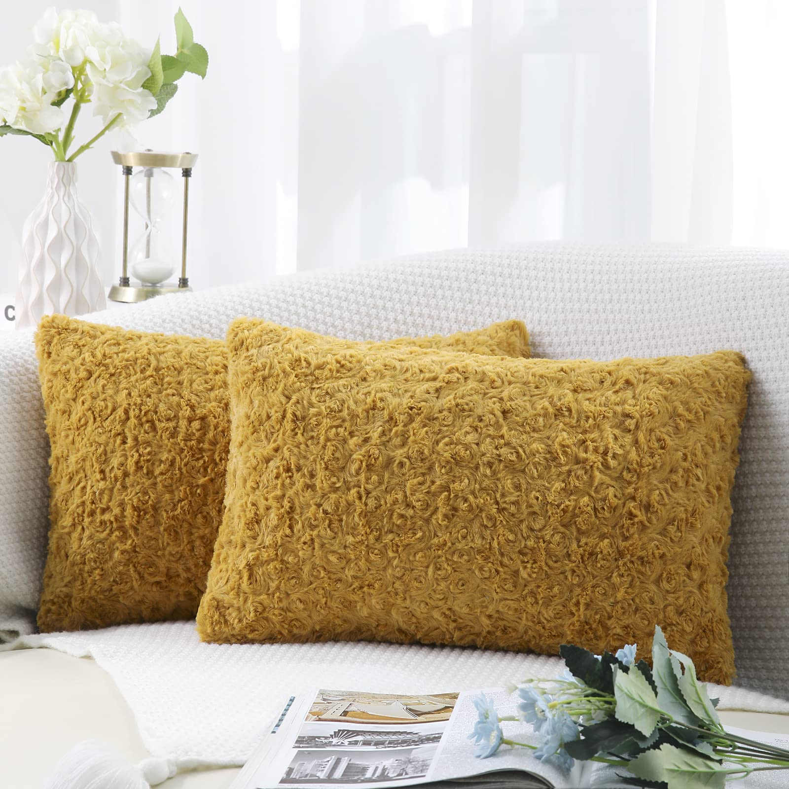 decorUhome Set of 2 Fur Cushion Covers Decorative Faux Fur Plush Fluffy Rectangle Neutral Pillow Case for Sofa, Mustard Yellow, 12 x 20 inch/30x50cm