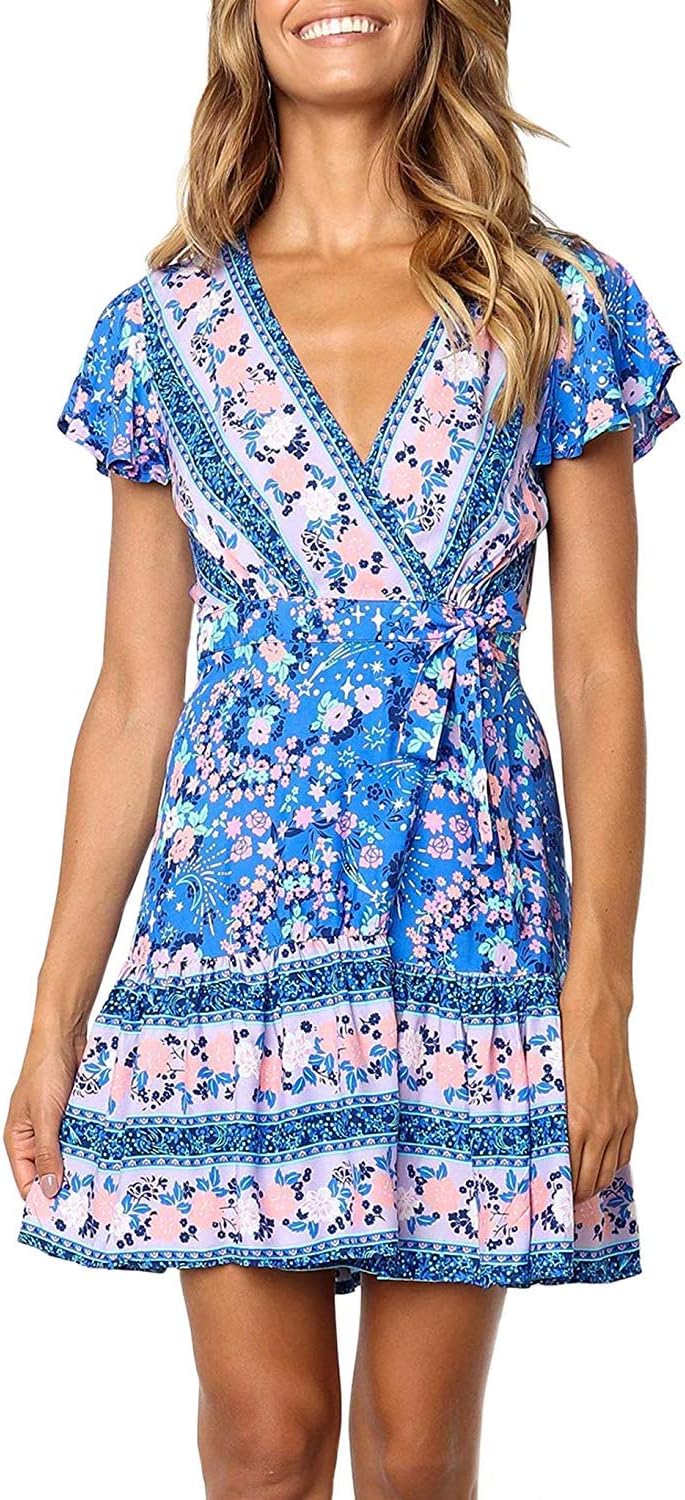 SEMIR Women's V Neck Bohemian Wrap Floral Printed Vintage Ethnic Style High Split Beach Dress