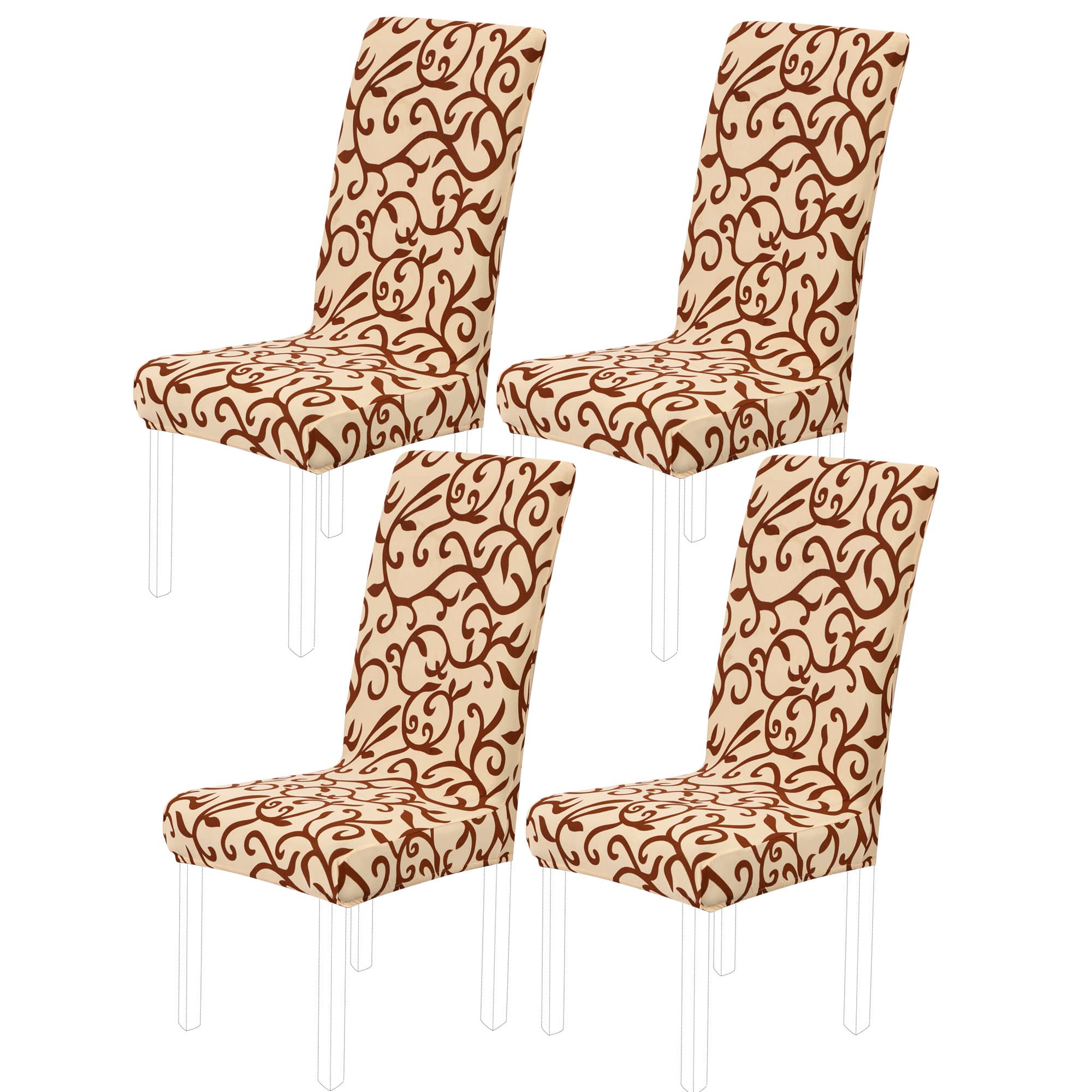 PiccoCasa Set of 4 High Back Dining Chair Covers, Spandex Chair Covers Washable & Removable - Floral Printed Chair Slipcover for Kitchen Dining Room, Champagne & Coffee Color Chair Protector