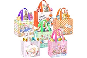 DECHISY 6 Pack Easter Gift Bags, 8.3×7.9×6 inch Non-Woven Large Easter Bags with Handles, 6 Unique Patterns Egg Hunt Baskets for Kids, Party Supplies