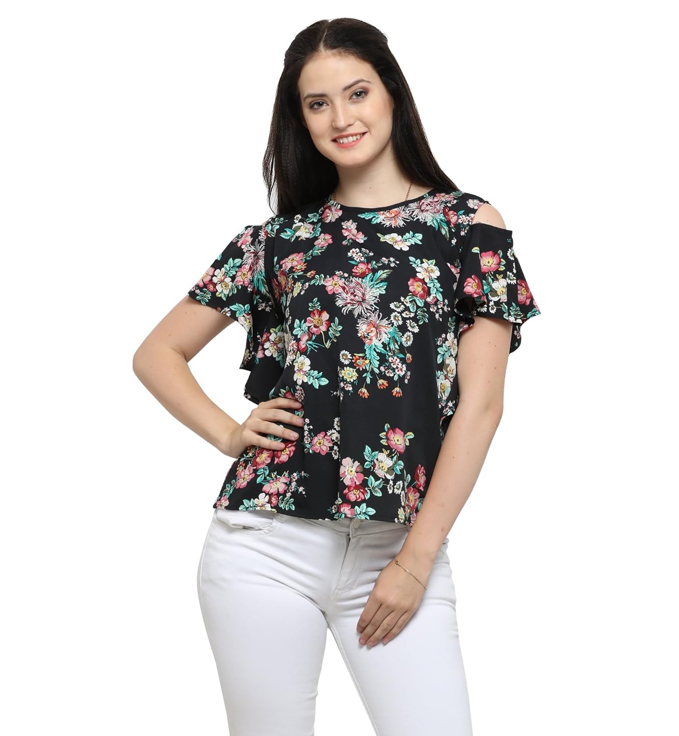 serein women's top (black printed crepe top with cold shoulder and ruffles)