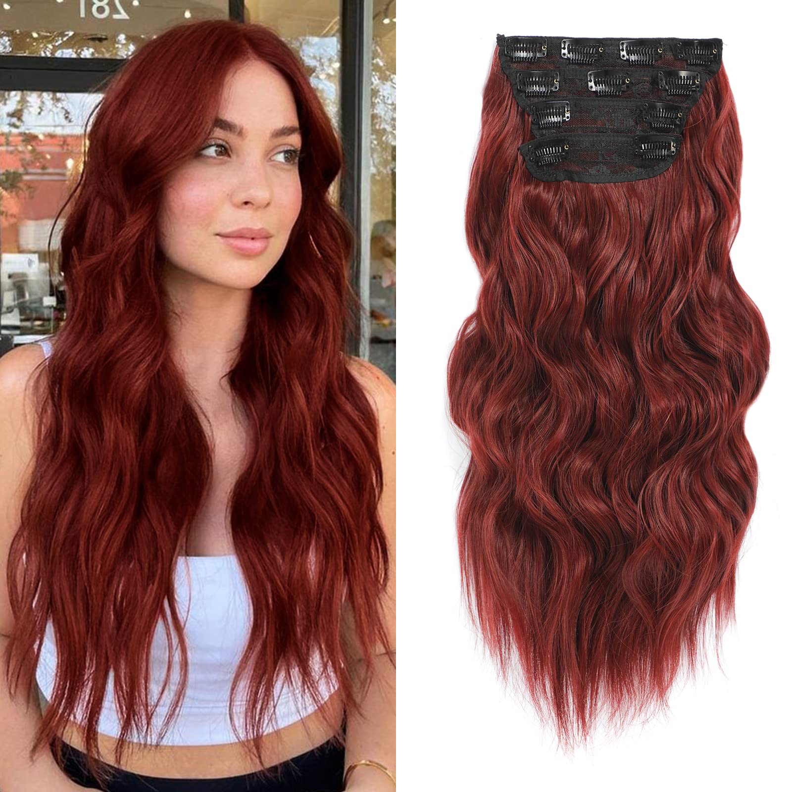 Photo 1 of NAYOO Wine Red Hair Clip Extension for Women 4PCS Thick Hairpieces Long Wavy Natural Synthetic Clip in Hair Extensions?20 inch, Wine Red?