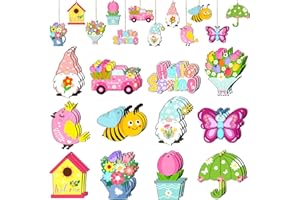 TREACLUB 36PCS Spring Flower Ornaments, Tulip Gnome Hanging Wooden Tree Ornaments Decorations for Party Favor, Floral Pendant Wood Crafts with String for Home Decorations