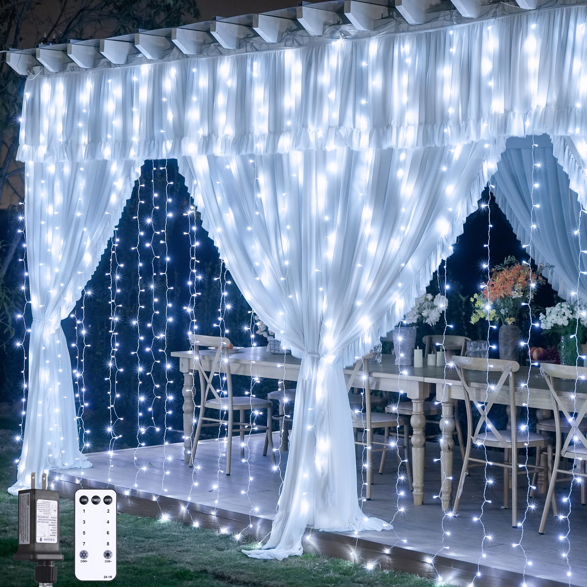 Photo 1 of JMEXSUSS 9.5x29.5ft Curtain Lights Indoor Outdoor Decor with Remote, 900LED White Christmas Lights Plug in, Hanging String Lights for Bedroom, Wall, Window, Patio, Garden, Wedding, Reception, Backdrop