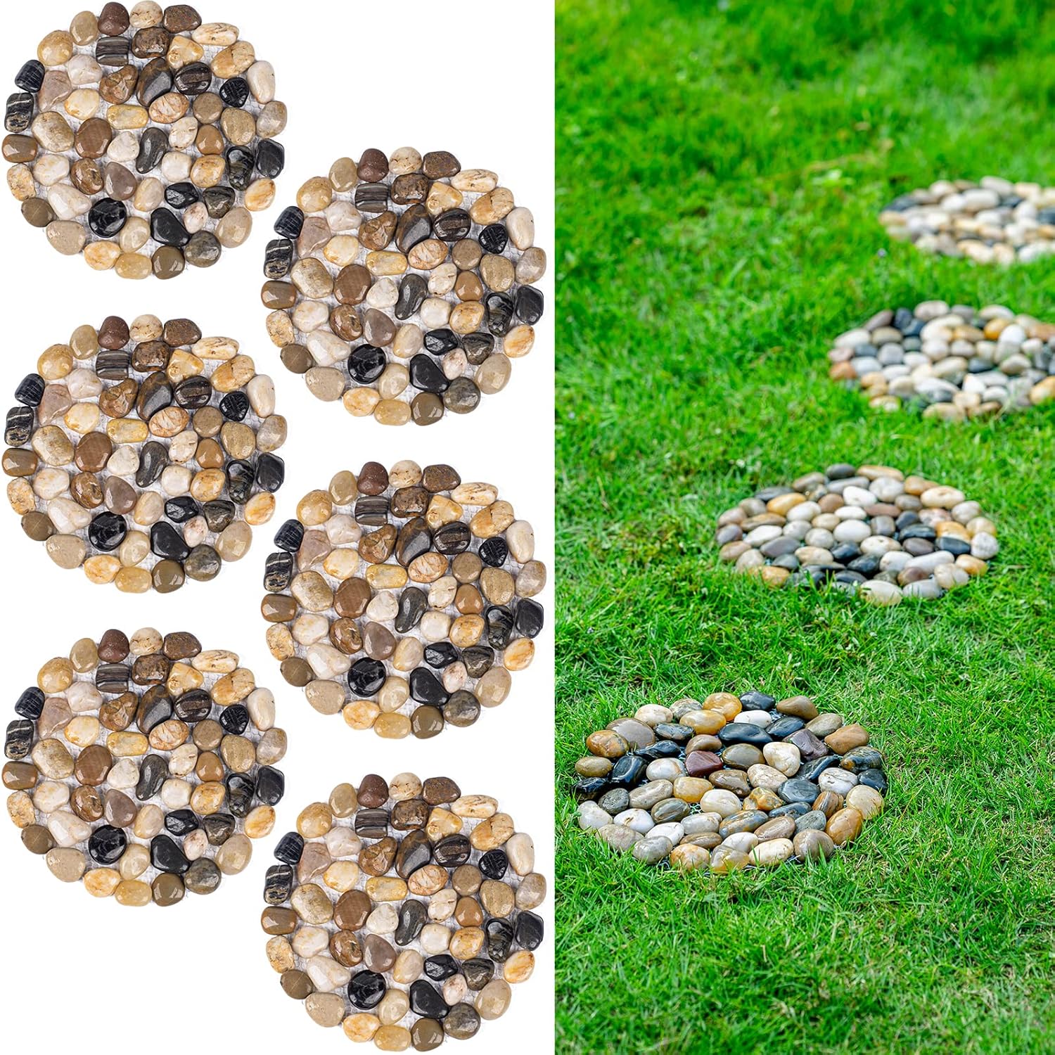 Hardscaping Materials - River Rock Stepping Stones Outdoor, Pavers Pebbles Polished Gravel for Garden Walkway Set of 6 (Roundness)