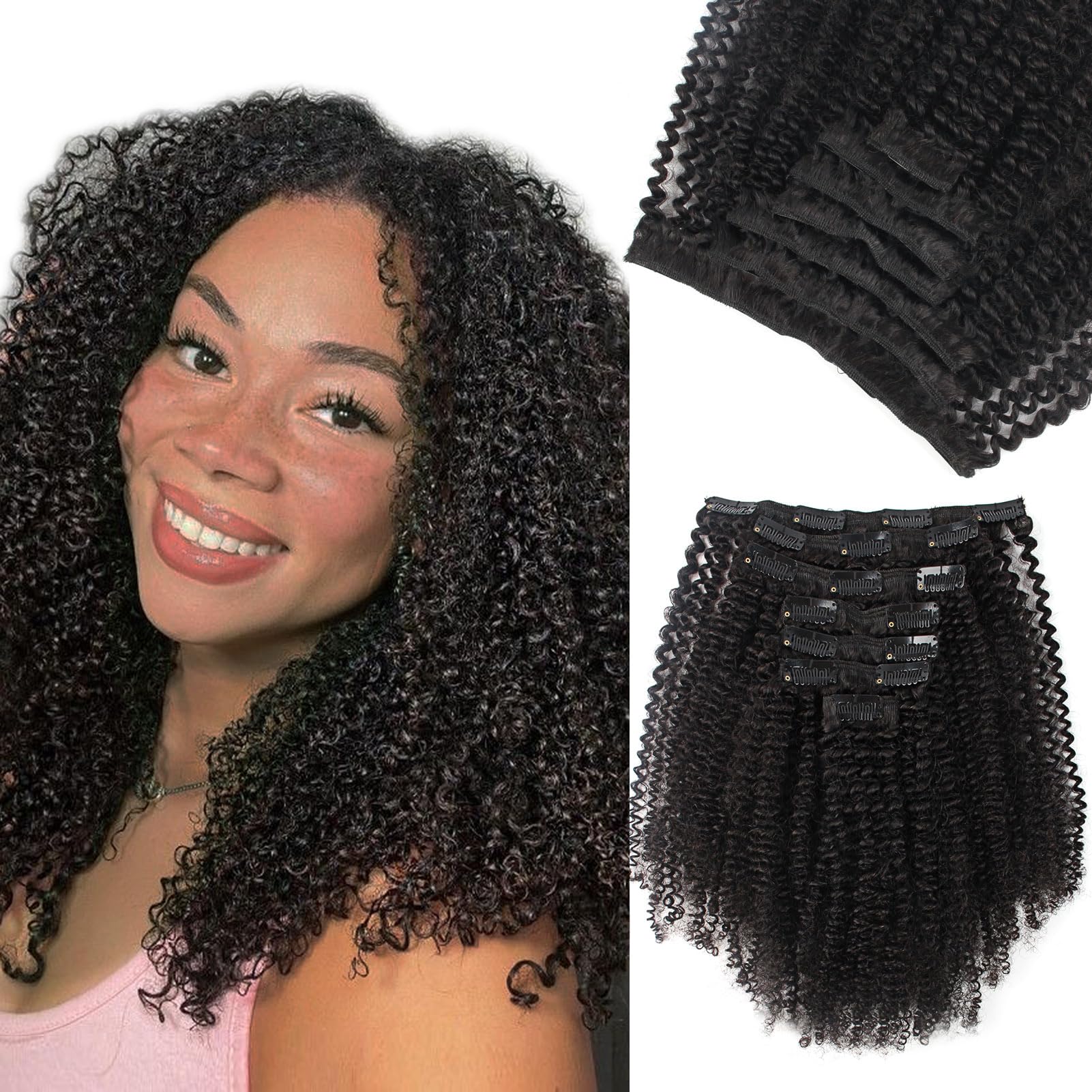 Yuniffe Afro Curly Clip in Hair Extensions for Black Women Real Human Hair Extensions Clip ins 4A 4B Afro Kinky Curly Natural Black Double Weft Remy Hair Extensions 12 Inch 7Pcs 120g — image 1