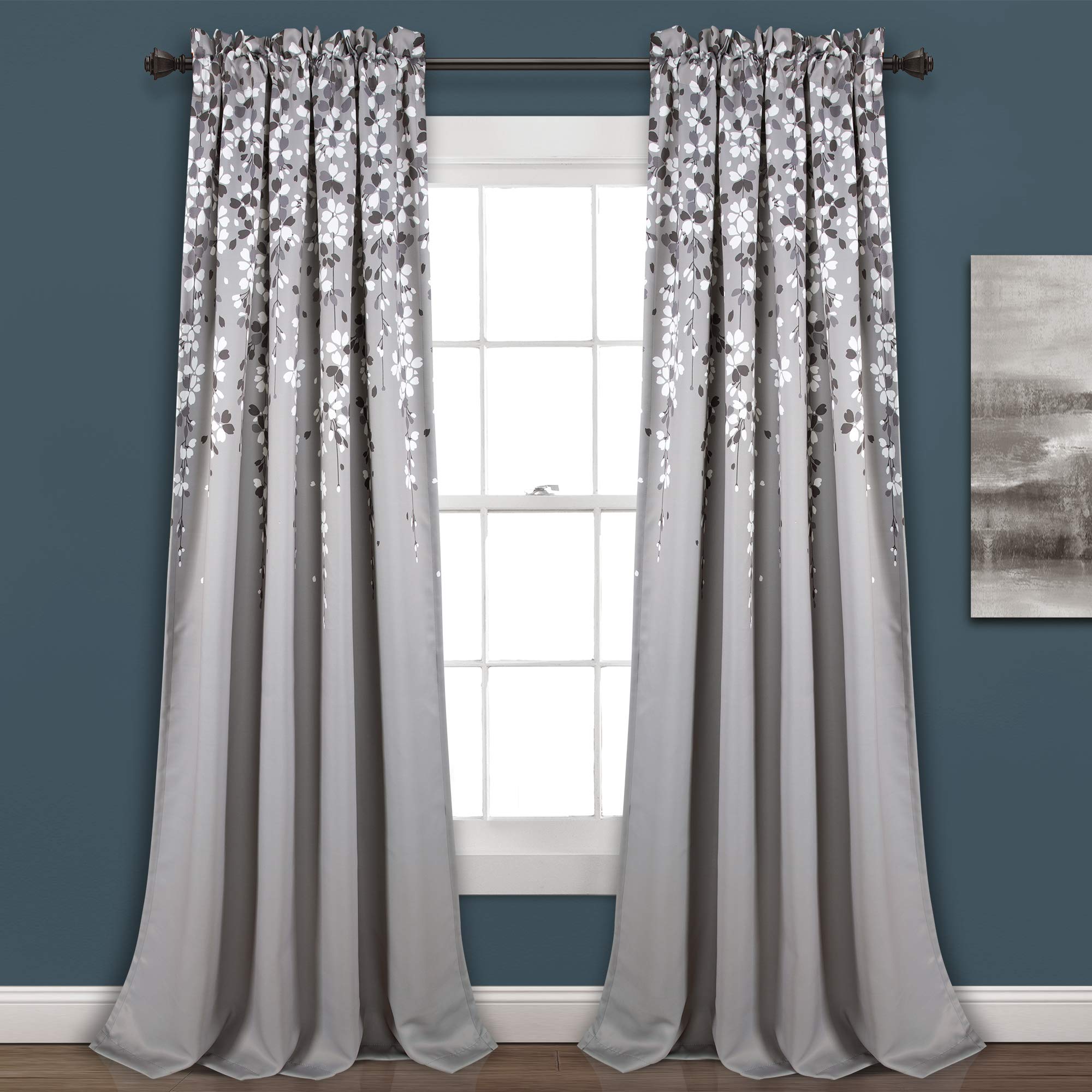 Lush Decor Weeping Flower Light Filtering Window Curtain Panels, Pair, 52" W x 95" L + 2" Header, Gray - Charming Modern Floral Curtains for Living Room, Dining Room, & Bedroom