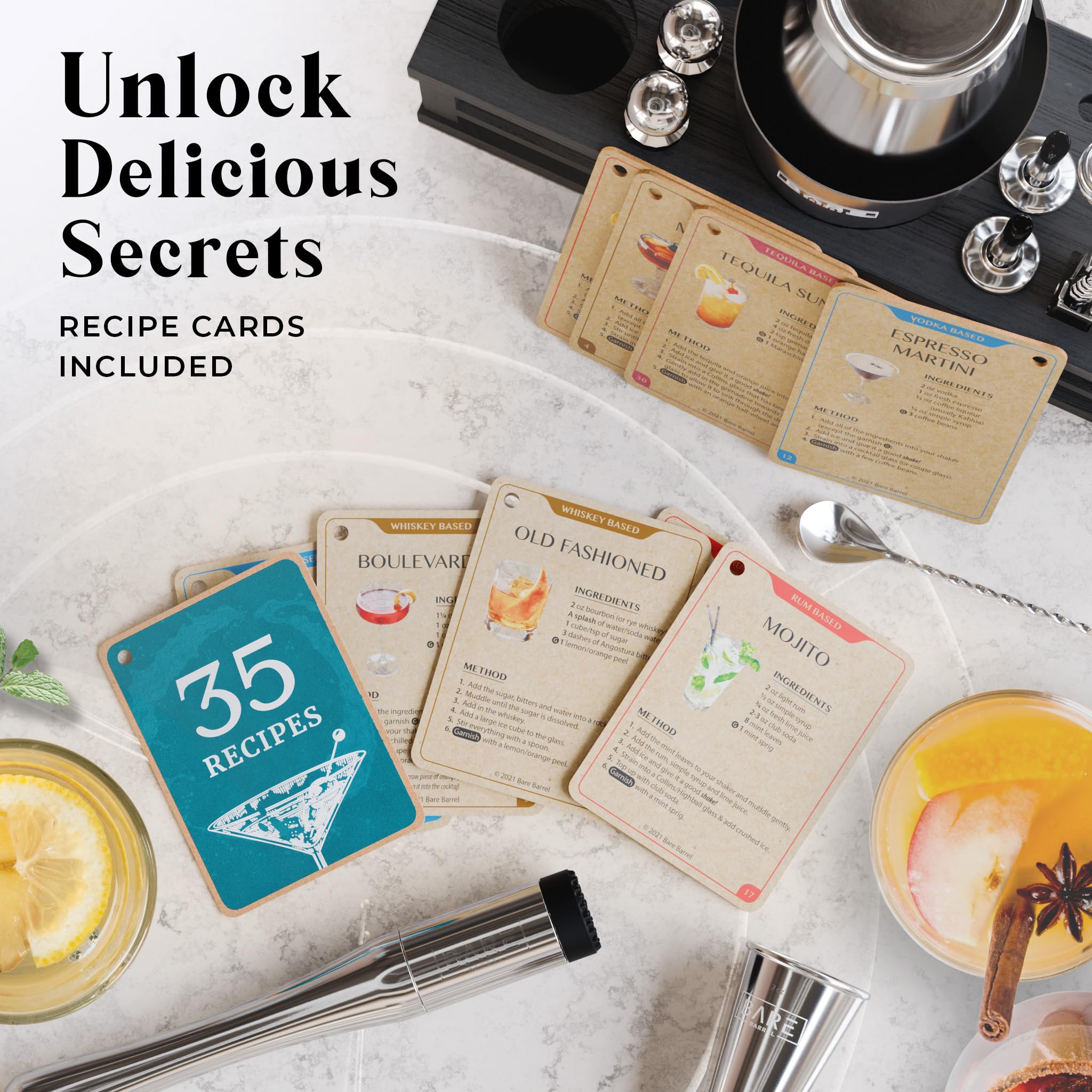 BARE BARREL® Mixology Bartender Kit Bar Set | 16-Piece Cocktail Shaker Set | Martini Barware Mixing Tools for Home Bartending | Incl. 35 Recipe Cards | Gift Set (28oz Boston Shaker, Silver/Black) - Image 5