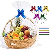Homrelaxy 20 Pcs 24 x 30 Inches Cellophane Bags for Gift Baskets with 20 Colorful Pull Bows, Plastic Clear Basket Bags, Cello