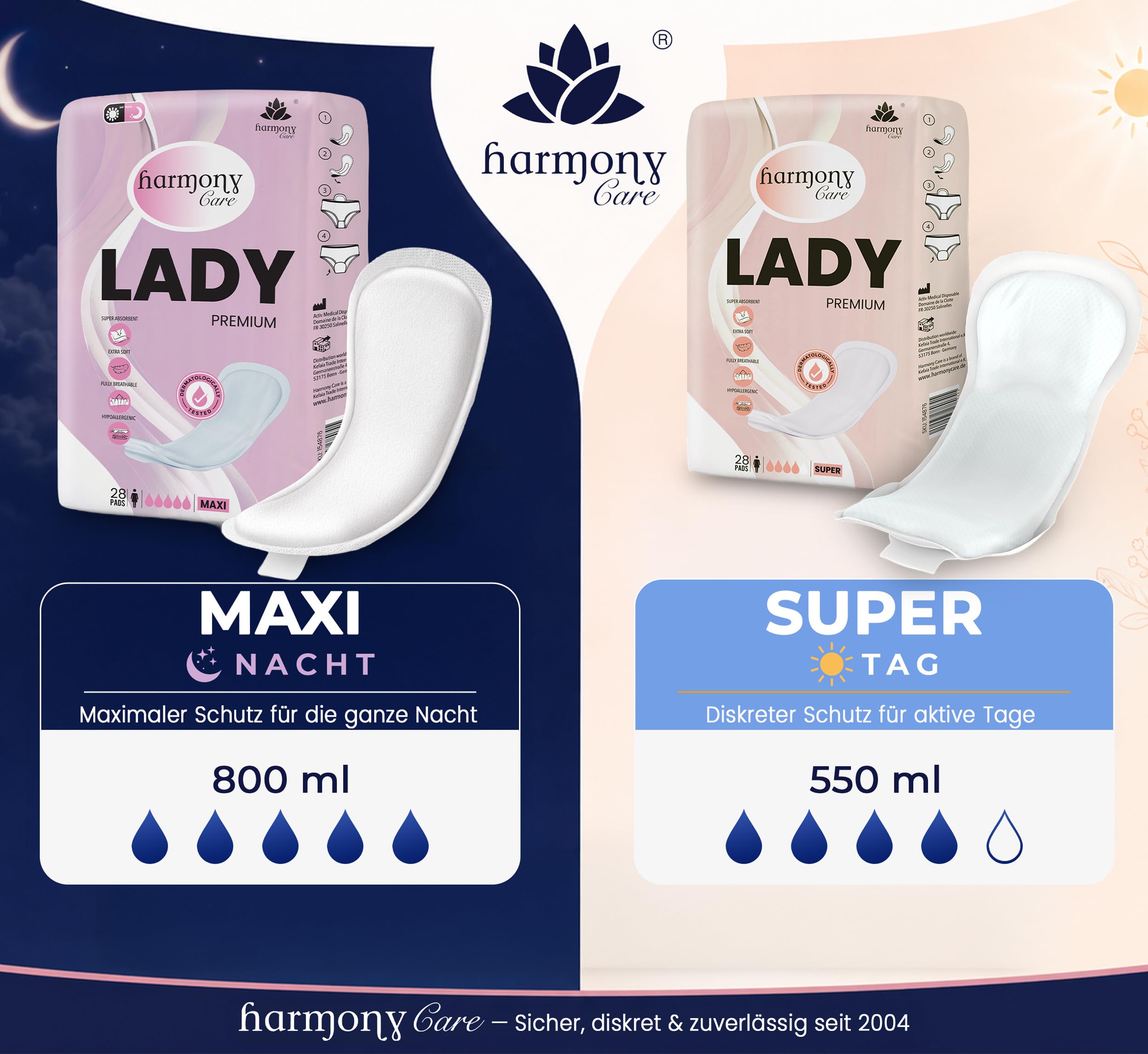 Harmony Care® Lady MAXI Inkontinenzeinlagen für Damen extra stark – saugstarke Inkontinenz Einlagen bei mittlere bis starker Blasenschwäche - auslaufsichere Hygieneeinlagen für die Nacht, 28 Stück 3