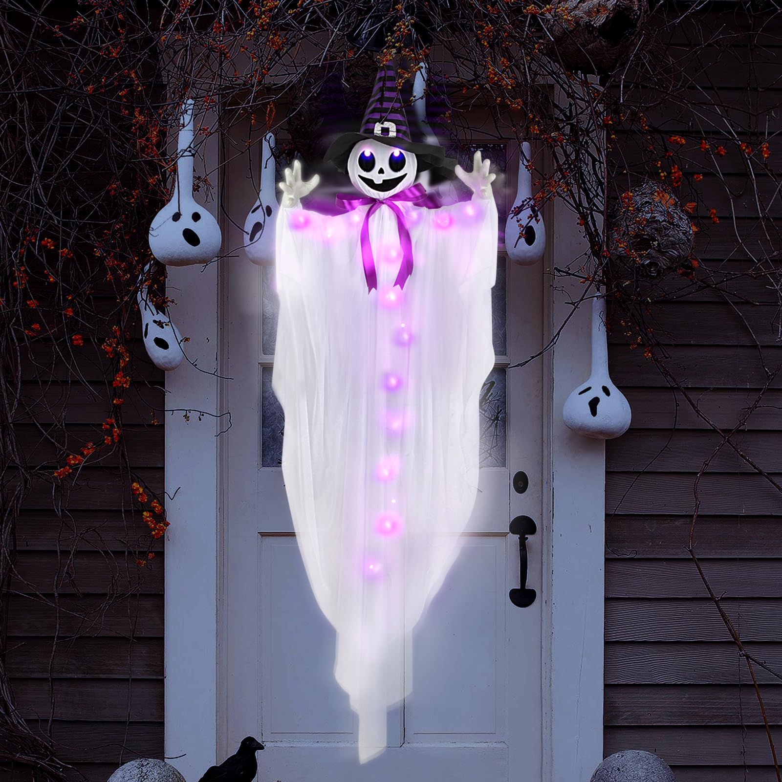 Photo 1 of 55” Halloween Hanging Animatronics Witch Hat Ghost with LED Lights, Sound Activated, and Shaking Arms - Perfect for Halloween Haunted House Prop Décor, Indoor/Outdoor Display, Lawn, Party