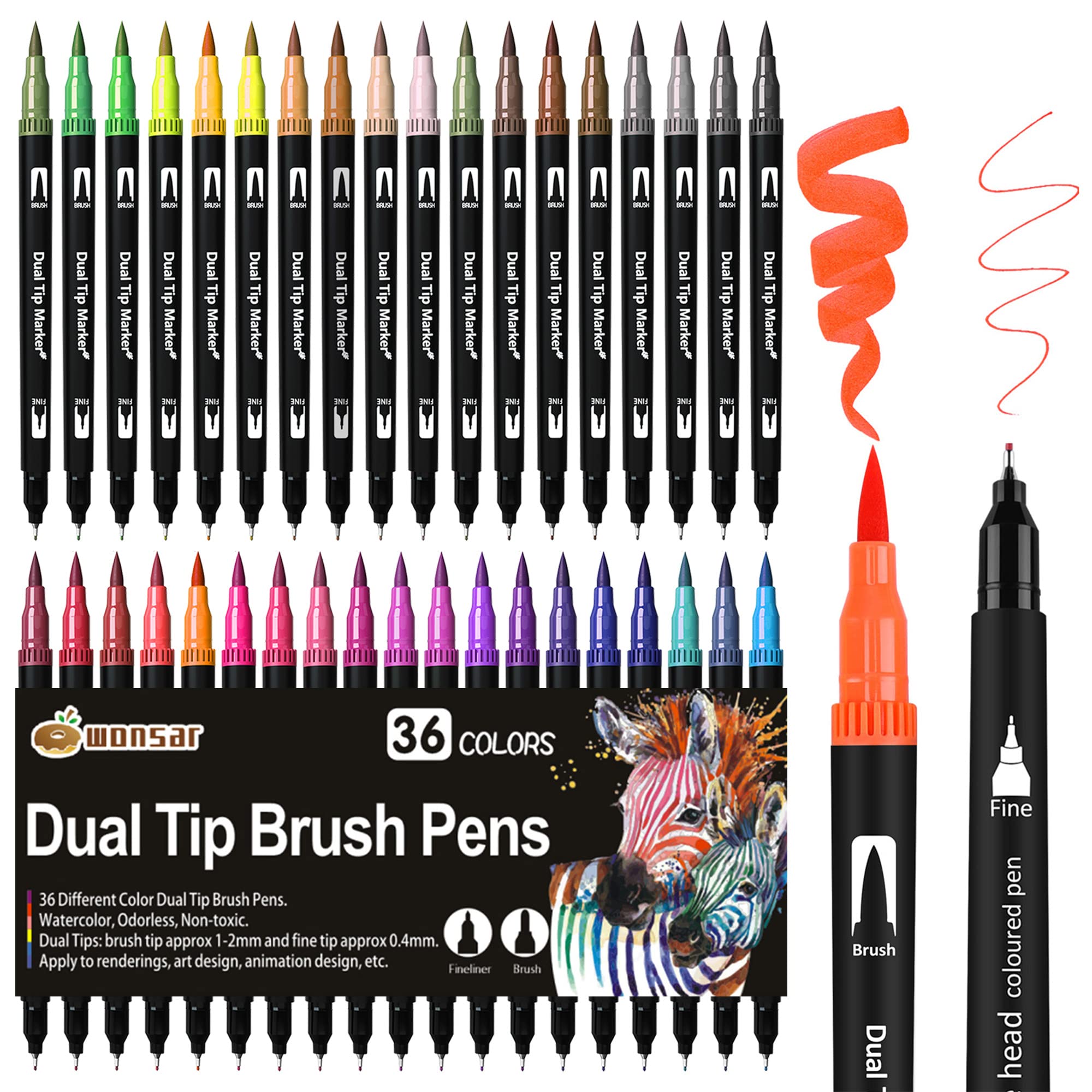 Colouring Pens: 36 Colors Felt Tip Pens Set Dual Tip Brush Pen Art Markers for Kids Adults Colouring Book, Art Supplies Fineliner Tip Brush Marker for Drawing Sketching Design Painting Calligraphy
