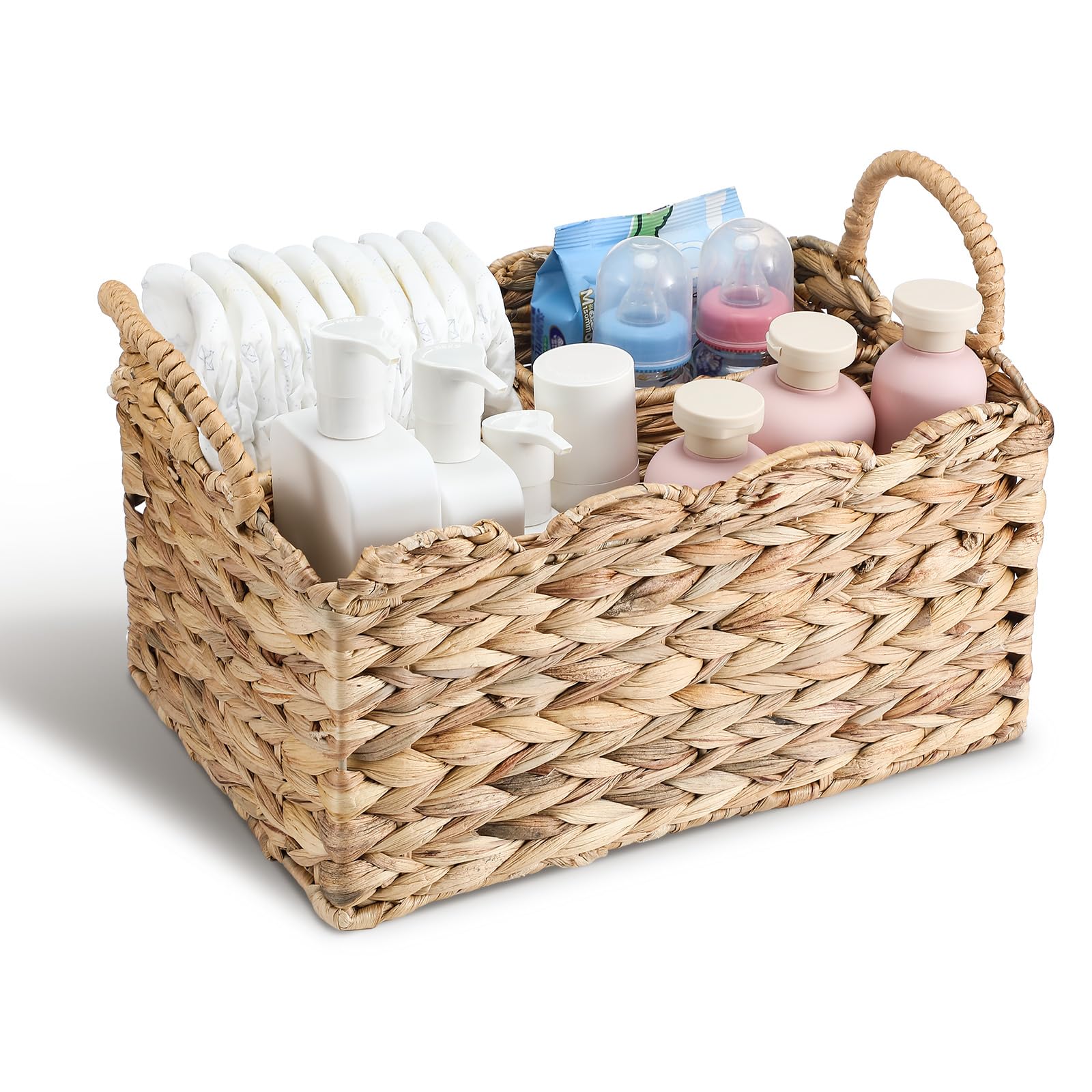 Photo 1 of Chunful 1 Pack Wicker Diaper Caddy Organizer Scalloped Edge 9.5 x 13.5 x 7 Inches Rattan Basket Woven Natural Basket Storage Organizer Handmade for Baby Shower Gifts Newborn Storage