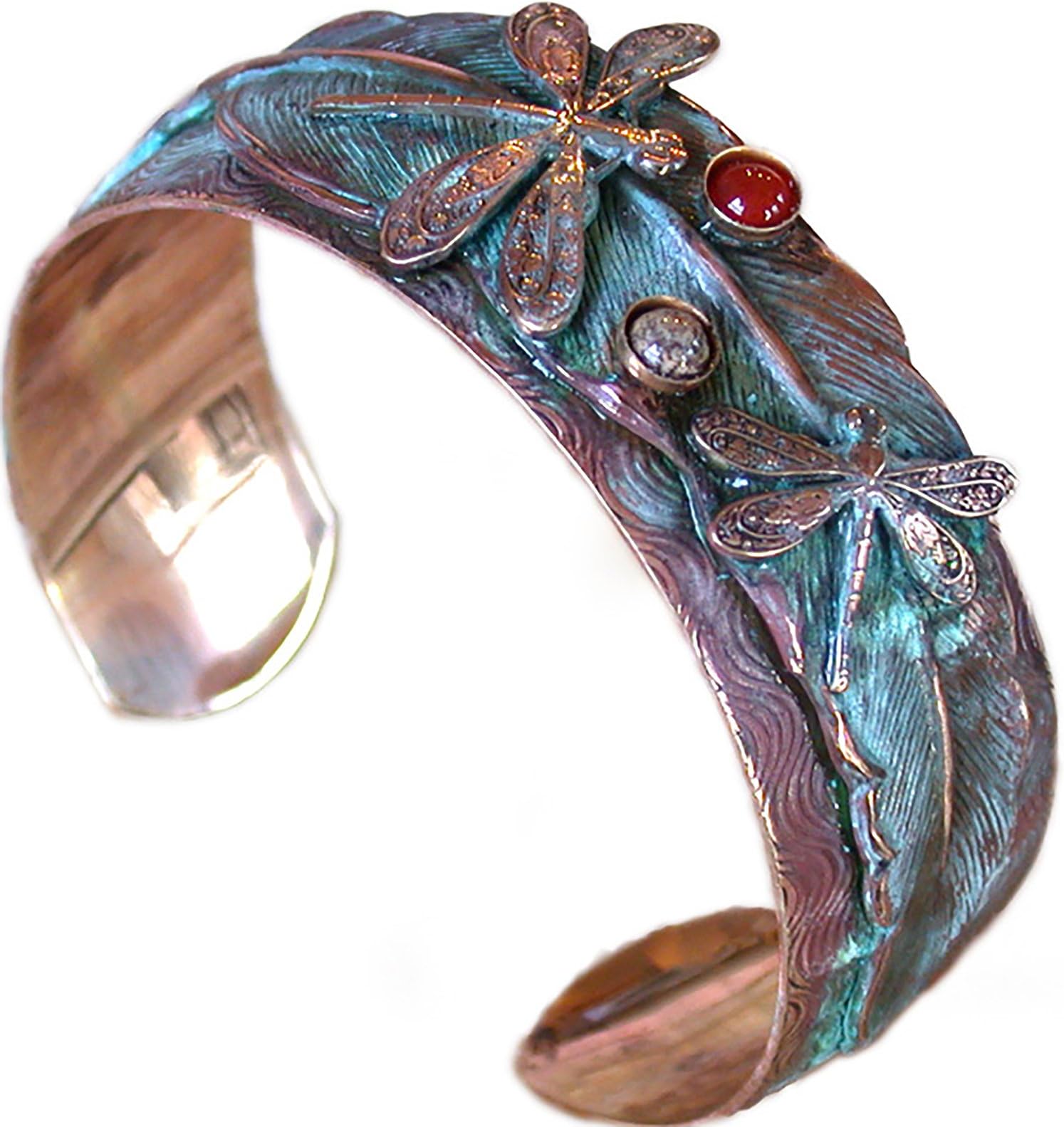 Elaine Coyne Collectible ArtwearDragonflies on Feather Cuff Bracelet - USA Made - Semi-Precious Stones