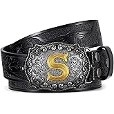 TRIWORKS Cowboy Belt for Men Women Western Belt Initial Letter A to Z Buckle with Engraved Cowboy Leather Belt