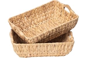 FairyHaus Wicker Baskets with Handles, Natural Wicker Basket for Organizing Shelves, Small Hand Woven Water Hyacinth Storage Baskets Set of 2, 14.96x10.04x4.73