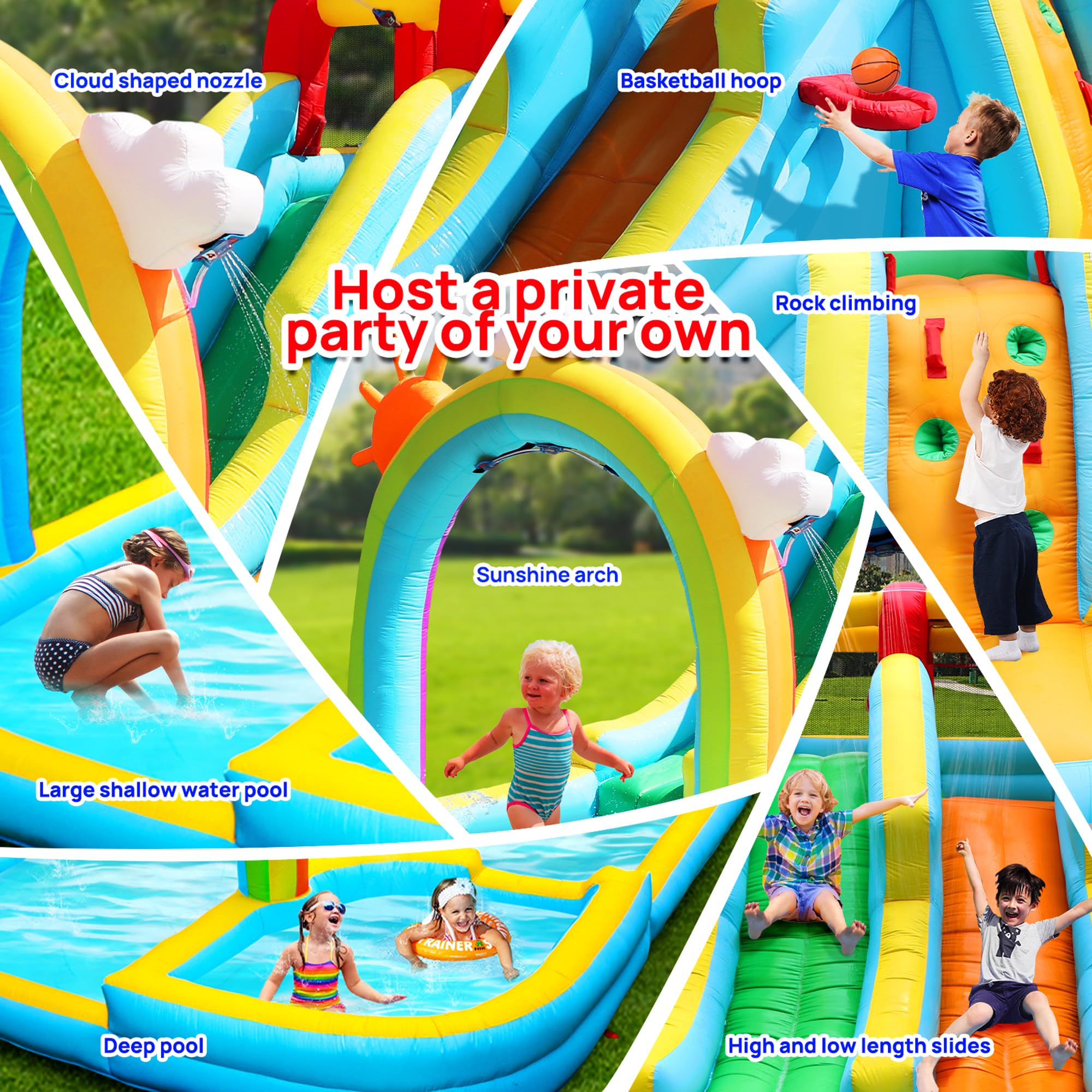 WELLFUNTIME Inflatable Water Double Slides Park with Blower, Bouncy Castle with Rainbow Water Curtain, with Shooting and Rock Climbing