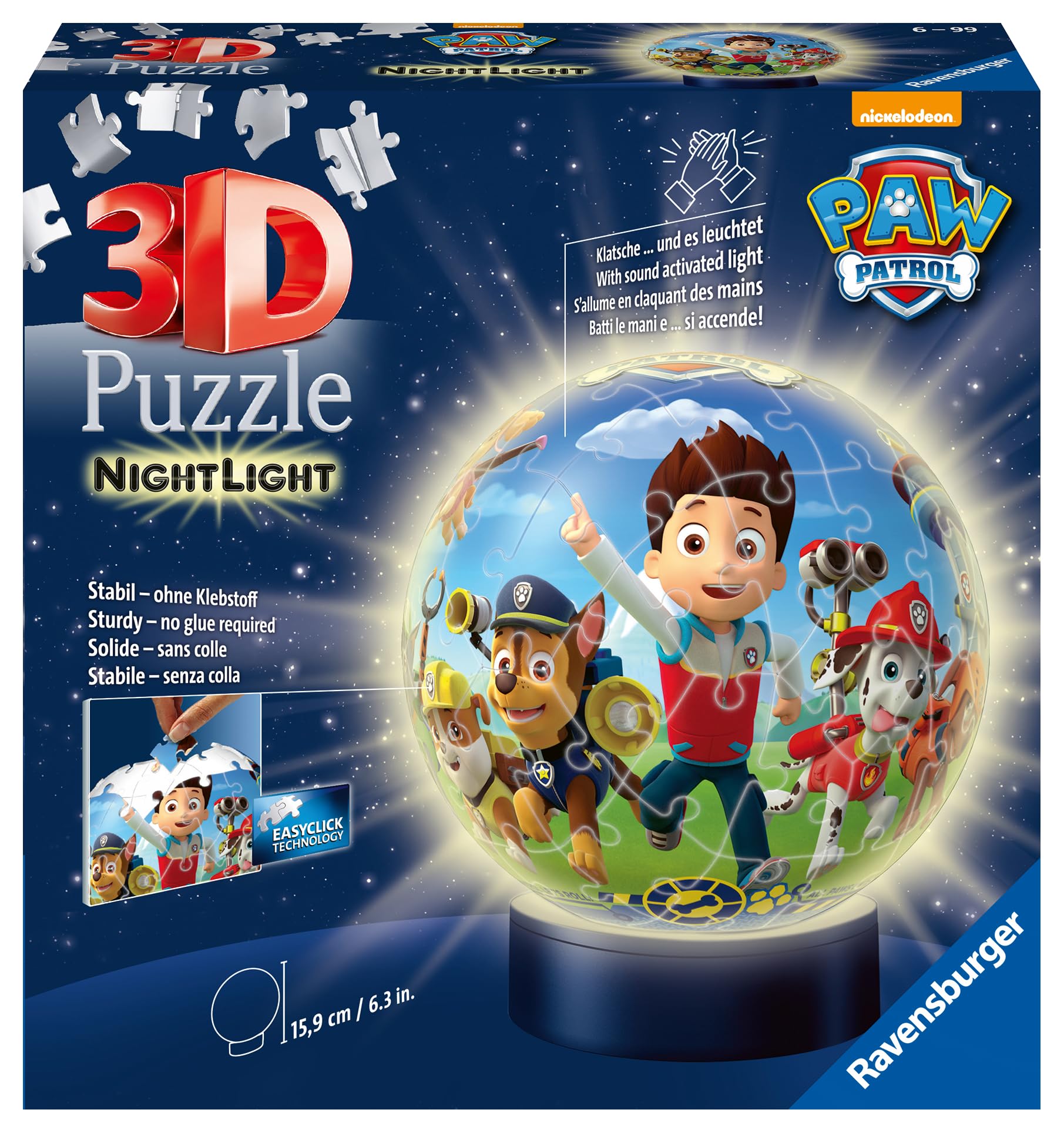 Ravensburger - Puzzle 3D Ball Illuminé - Pat'Patrouille - A Partir De 6 Ans - 72 Pièces Numérotées à Assembler Sans Colle - Socle Lumineux Inclus - 11842
