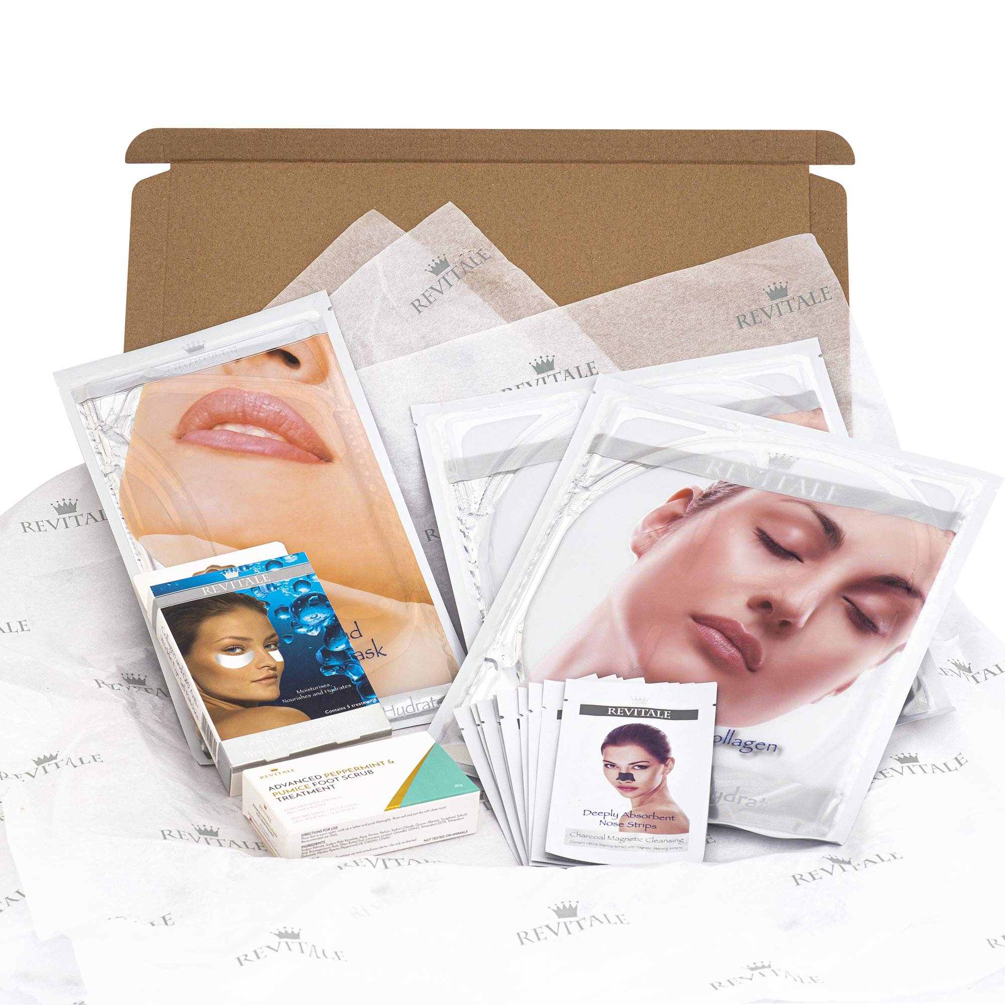 Revitale Classic Beauty Spa Mask Gift Set (5-Piece) Skincare Collection with Collagen Face, Neck & Eye Masks, Charcoal Nose Strips & Foot Scrub Soap