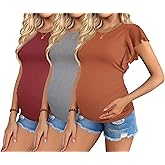 Ekouaer Women's Maternity Shirts 3 Packs Flying Short Sleeve Pregnancy Tops Side Ruched Tunic Blouse Mama Clothes S-XXL
