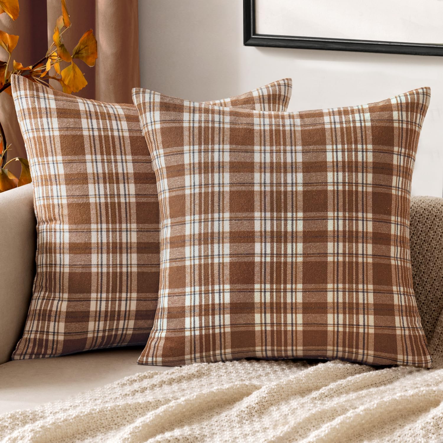 Photo 1 of MIULEE Set of 2 Scottish Tartan Plaid Throw Pillow Covers Farmhouse Classic Decorative Square Cushion Cases for Decor Sofa Couch 24x24 Inch, Brown and White