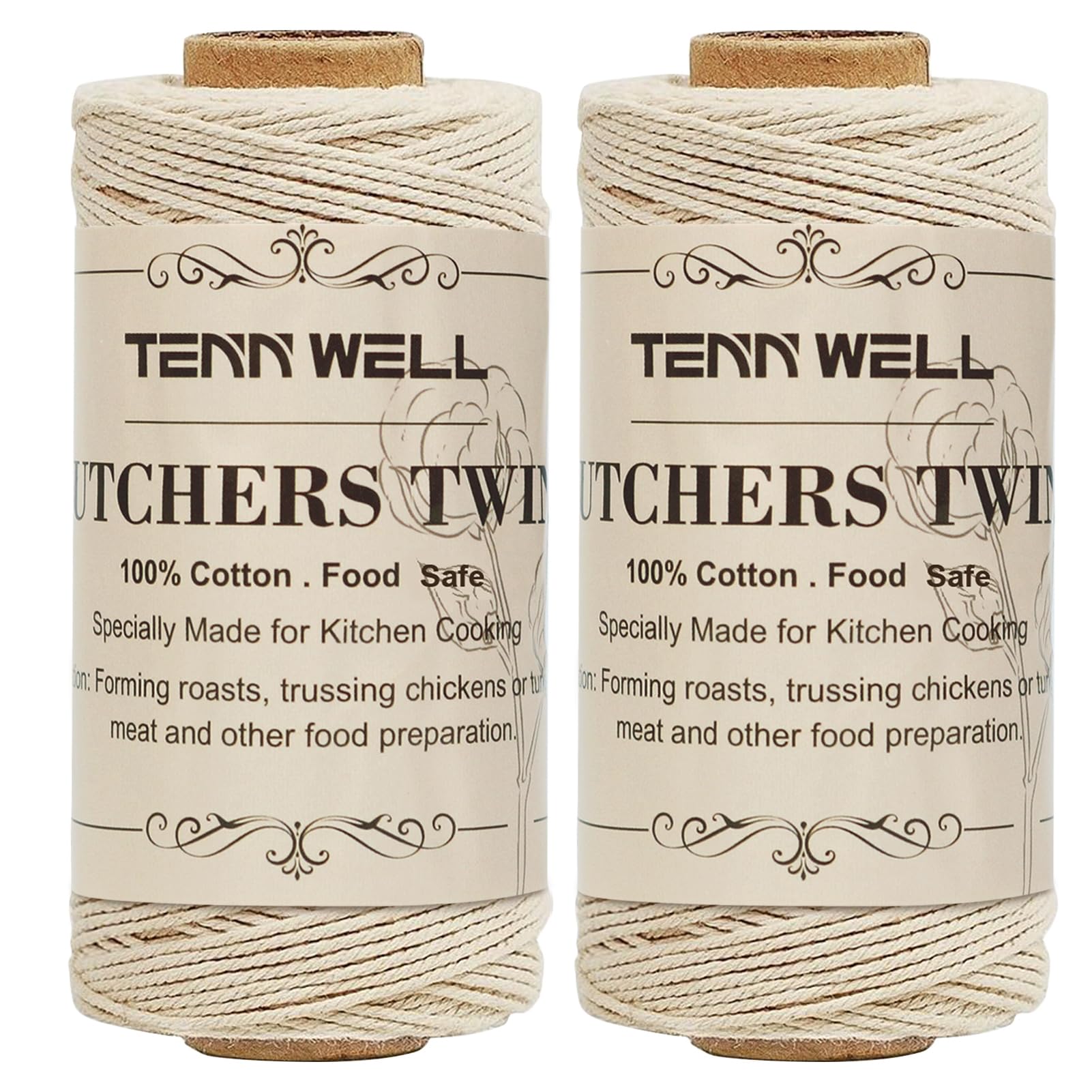 Tenn Well Butchers String, 3Ply 200m Strong Cotton Kitchen Twine Food Safe Oven Cooking String for Meat Trussing Tying, Chicken Roasting and Sausage Making (Beige)