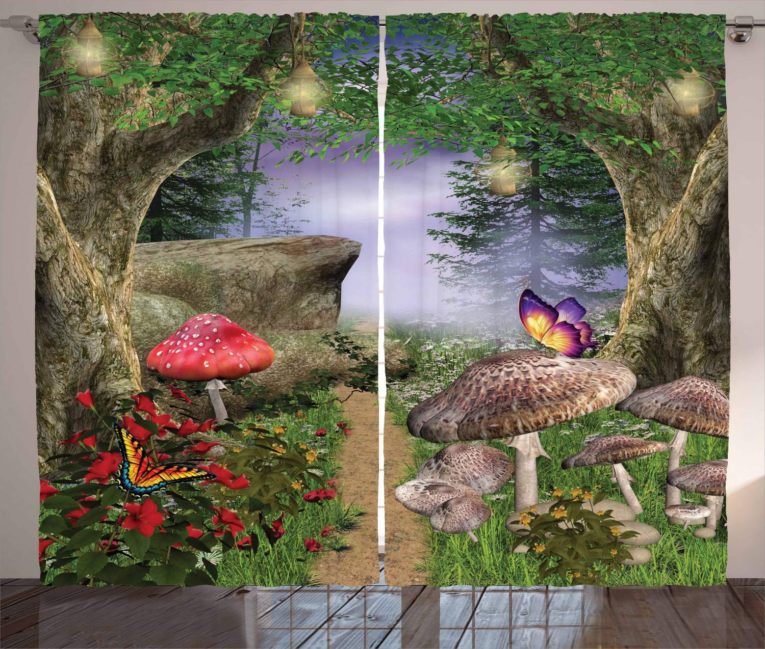 Ambesonne Mushroom Curtains, Enchanted Nature Pathway with Magical Butterflies Fairytale Landscape Rocks, Living Room Bedroom Window Drapes 2 Panel Set, 108 W X 90 L Inches, Tan Green Red