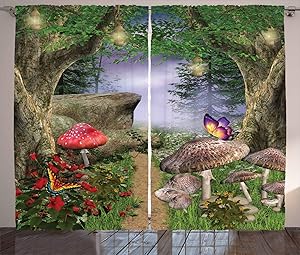 Ambesonne Mushroom Curtains, Enchanted Nature Pathway with Magical Butterflies Fairytale Landscape Rocks, Living Room Bedroom Window Drapes 2 Panel Set, 108 W X 90 L Inches, Tan Green Red