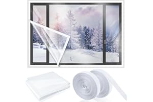 Beeveer 47 x 63 Inch Adjustable Window Insulation Kit Cuttable Transparent Film with Adhesive Straps Reusable Window Plastic for Winterizing Thicken Thermal Waterproof Insulation Cover Warm Winter