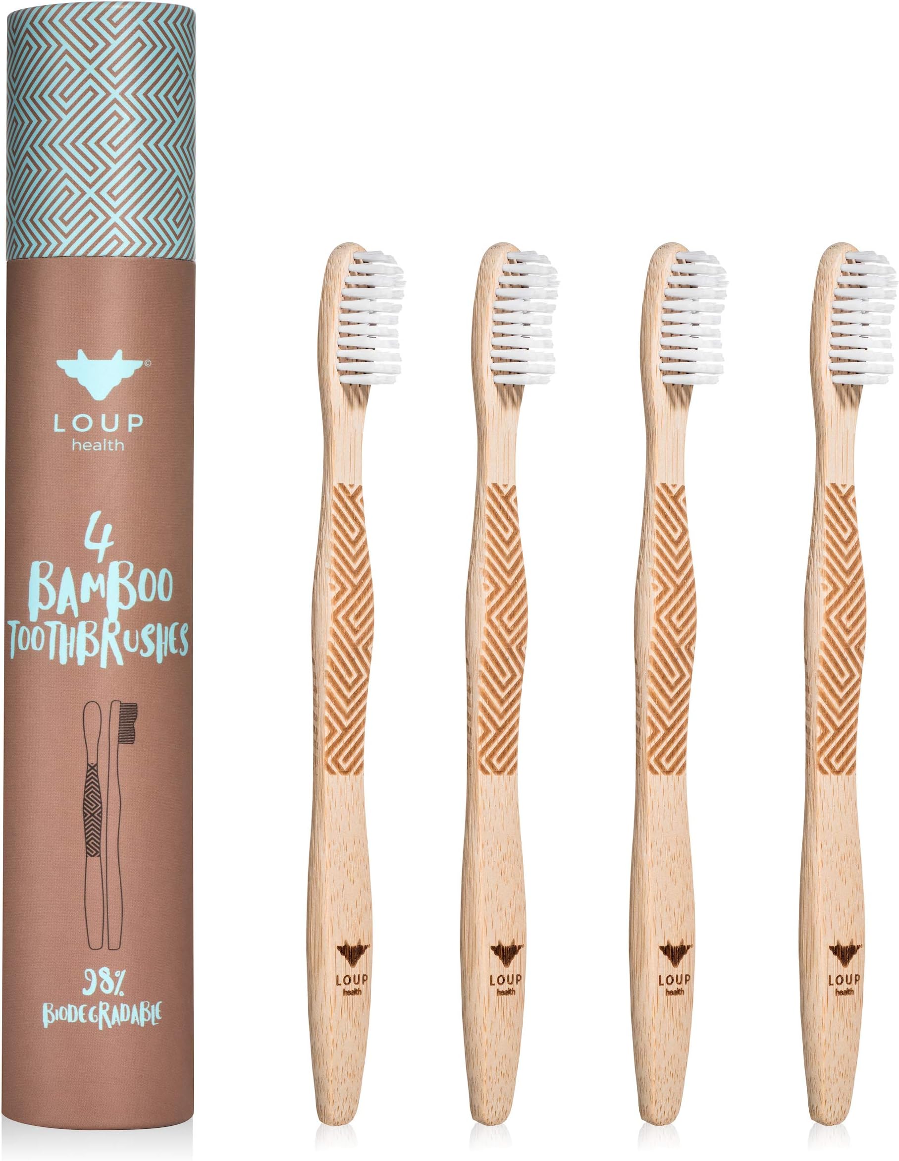LOUP health Natural Moso Bamboo Toothbrush Biodegradable and Eco-Friendly w/ BPA-Free Soft Nylon Bristles - Dental Care for Men & Women pack of 4 Toothbrushes
