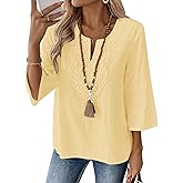 LOMON Womens 3/4 Sleeve Tops Cotton Linen Shirts V Neck Lace Casual Loose Fit Blouses Boho Fashion