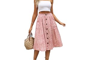 Naggoo Womens Summer Skirts Casual Front Button A-Line High Waisted Midi Skirt with Pockets