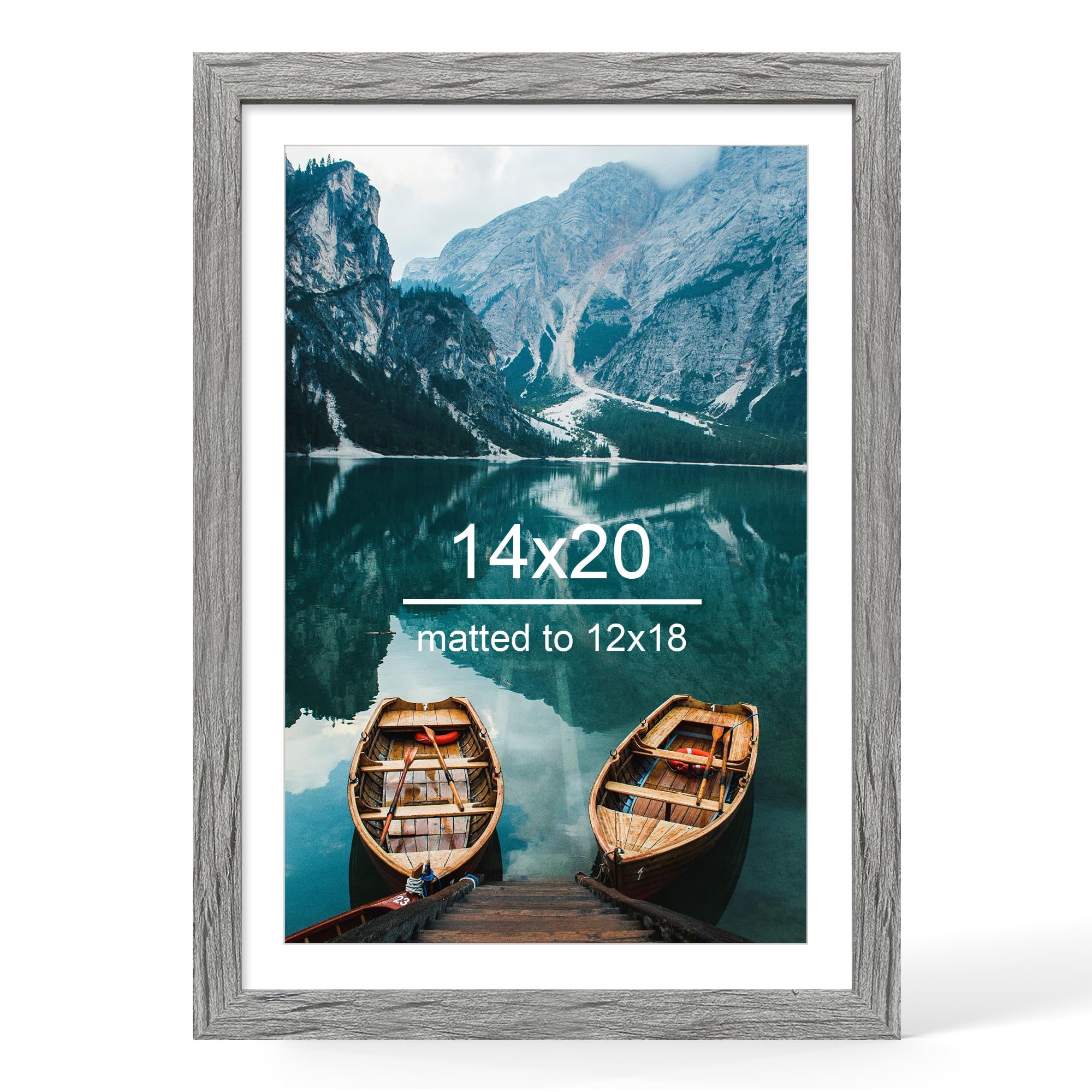 Hongkee 14x20 Picture Frame, Rustic Grey Wood Style - Display Posters 12 x 18 with Mat or 14x20 without Mat, Wall Mounting Horizontal and Vertical, 1 Pack Image