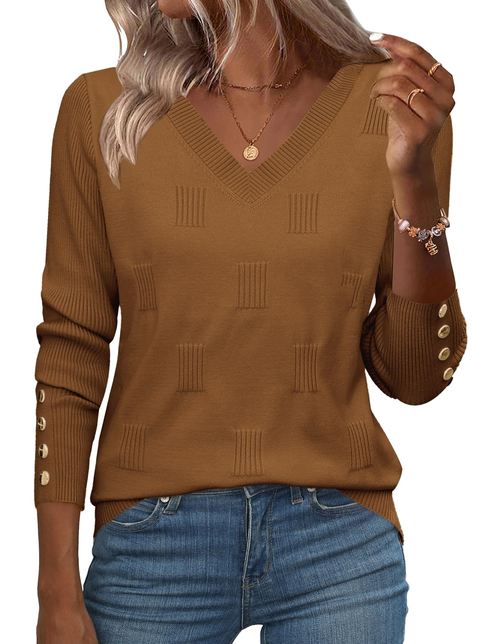 Zeagoo Womens Vacation Fall Sweaters Christmas V Neck Dressy Long Sleeve Work Outfits Lightweight Casual Ribbed Knit Fashion Tops Image