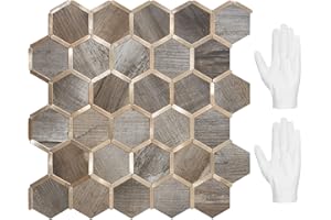 STICKGOO Hexagon Peel and Stick Backsplash Tile, Stick on Backsplash for Kitchen and Bathroom, Wood Texture PVC Mixed Metal G