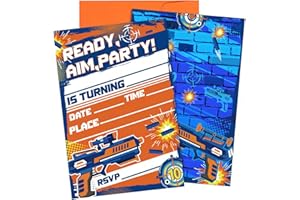 LINGXIU MSNOR 30 packs Dart War Invitations Birthday Party Supplies Blaster Nerf Gun Battle Theme Party Invitations with 30 Orange Envelopes for Boy Kids Dart War Nerf Party Decorations Supplies Favor