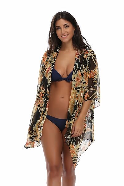 Floating Time Womens Floral Chiffon Kimono Cardigan Summer Beachwear Swimsuit Cover Up