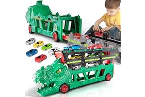 TEMI 2-in-1 T-rex Storage Carrier Truck with 6PCS Diecast 1:64 Scale Race Car, 4 Levels Dinosaur Truck Hauler Convert into 38-inch Ejection Race Track, Dino Semi-Truck City Sets & Track for Kids Boys
