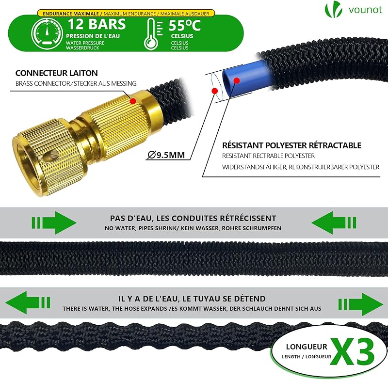 ® Manguera Extensible 30m, Manguera Flexible Jardín con Pistola Rociadora de 8 Funciones y Dispensador de Jabón, Conectores de Latón de 1/2 y 3/4 Pulgadas Bolsa de Almacenamiento, Negro