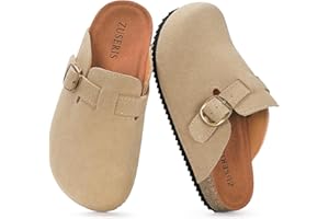 ZUSERIS Kids Suede Clogs Boys Girls Cork Footbed Potato Shoes Classic Slip On Leather Mules Children Indoor Outdoor Sandals with Adjustable Buckle