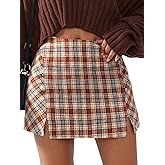 EXLURA Women's Fashion Faux Wool Mini Skirt High Waisted Y2K Trendy Side Slit Tweed Plaid Skirts 2025 Fall Winter Outfits