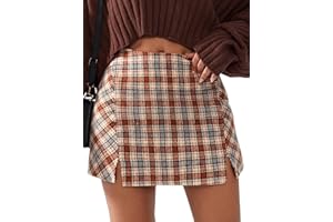 EXLURA Women's Fashion Faux Wool Mini Skirt High Waisted Y2K Trendy Side Slit Tweed Plaid Skirts 2025 Fall Winter Outfits