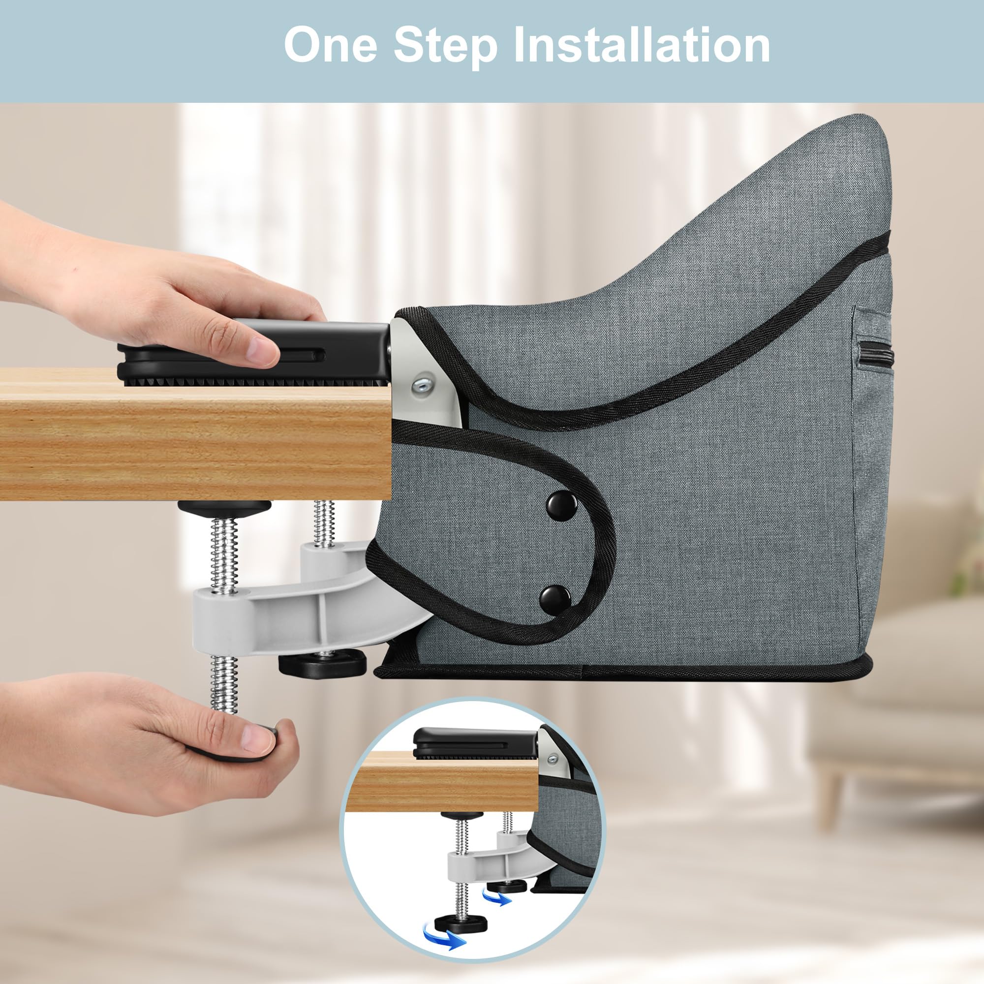 Hook On High Chair, Jozzve Baby High Chair, Portable High Chair for Travel, Foldable Fast Table Chair with Storage Bag, Baby Feeding Seat Clip On High Chair for Home and Travel (Grey)