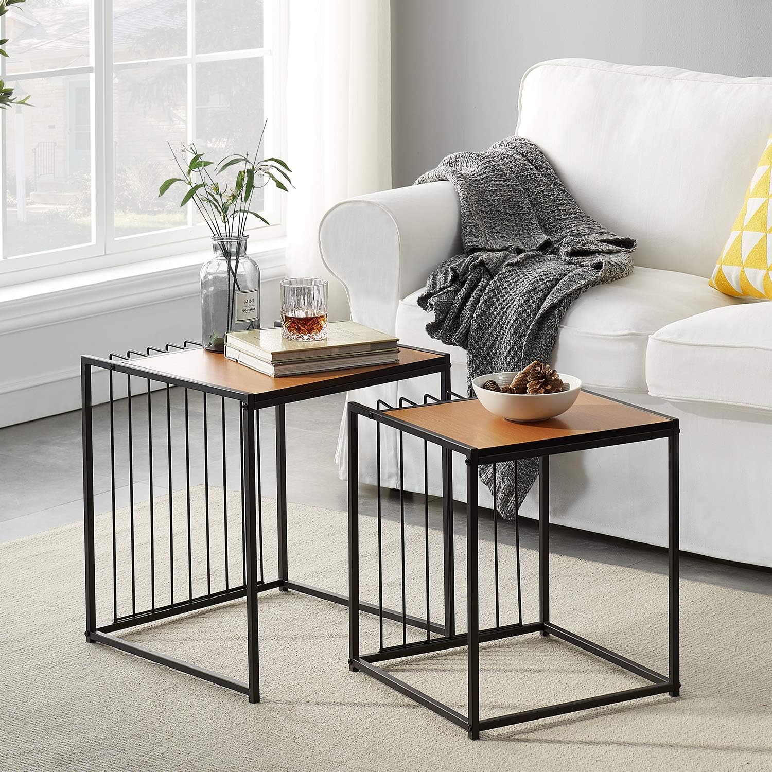 VECELO Industrial Nesting Coffee Table Set of 2,Stacking Side or End for Living Room Balcony Home and Office, Light Cheery: Furniture & Decor