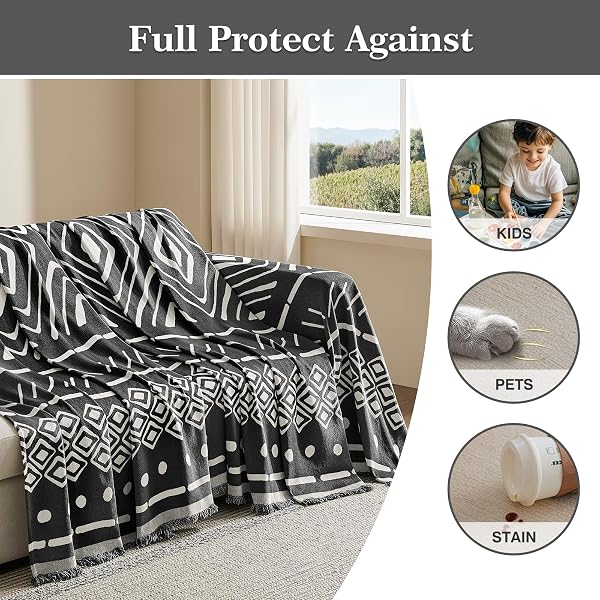 MAYMISS BOHO COUCH COVER FOR DOGS WASHABLE CHENILLE SOFA COVERS REVERSIBLE SOFA SLIPCOVER PET FRIENDLY FOR SECTIONAL SOFA, 2 OR 3 CUSHION COUCH (BOHO1 BLACK, 71″ X 150″)