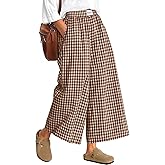 Neer Women's Plaid Gingham Skirt Pants Flowy Oversized Wide Leg Elastic Waist Palazzo Casual Trousers with Pockets