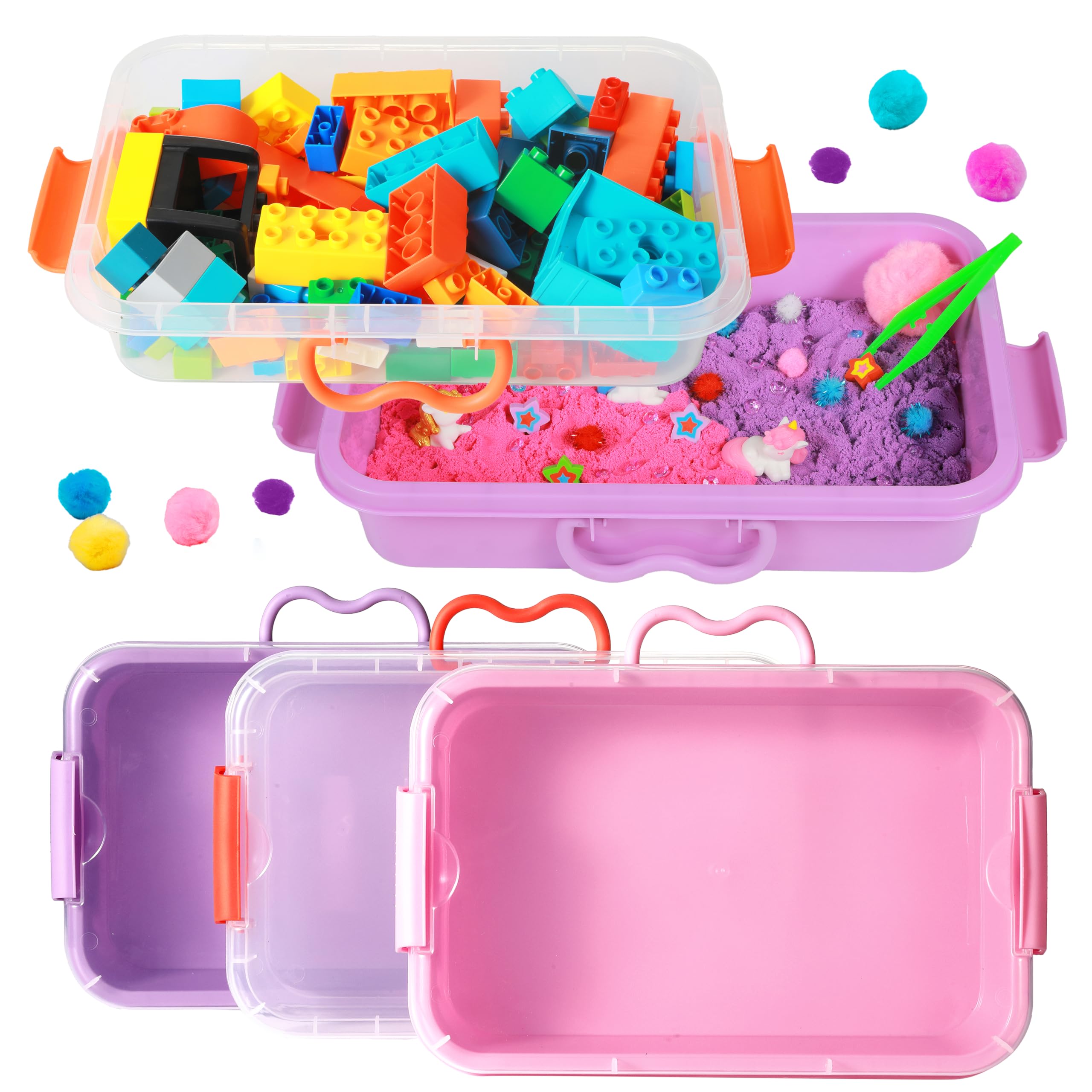 Carolart 3 Pack,Empty Sensory Bin,13.5 Inch Storage Container,Portable Plastic Storage Bins, Stackable Play Tray for toys,arts,crafts and sand.