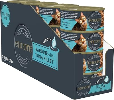 Encore 100 Percent Natural Wet Cat Food Sardines with Tuna 70g Tin Pack of 16