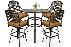 VIVIJASON 5-Piece Outdoor Swivel Bar Stools Set, All Weather Cast Aluminum Patio Bar Height Bistro Set with 4 Cushioned Bar Chairs & 38.5" High Bar Table w/Umbrella Hole for Backyard, Lawn, Garden